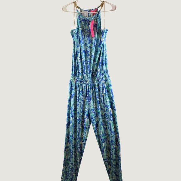 Lilly Pulitzer Pants - Lilly Pulitzer Keeran Jumpsuit Seeing Double Sea Glass Aqua Gold Chain XS NEW